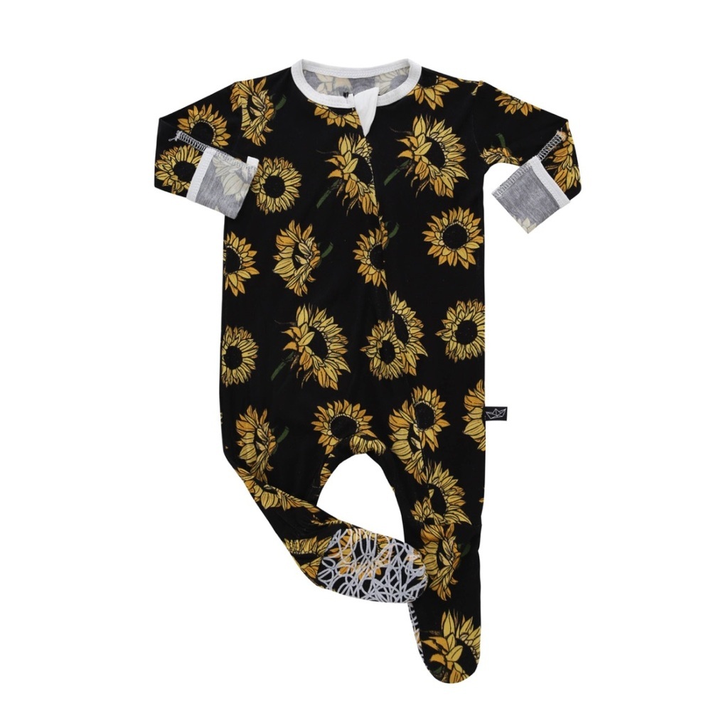Peregrine Kids wear 3-6 months Sunflowers on Black Bamboo Footie